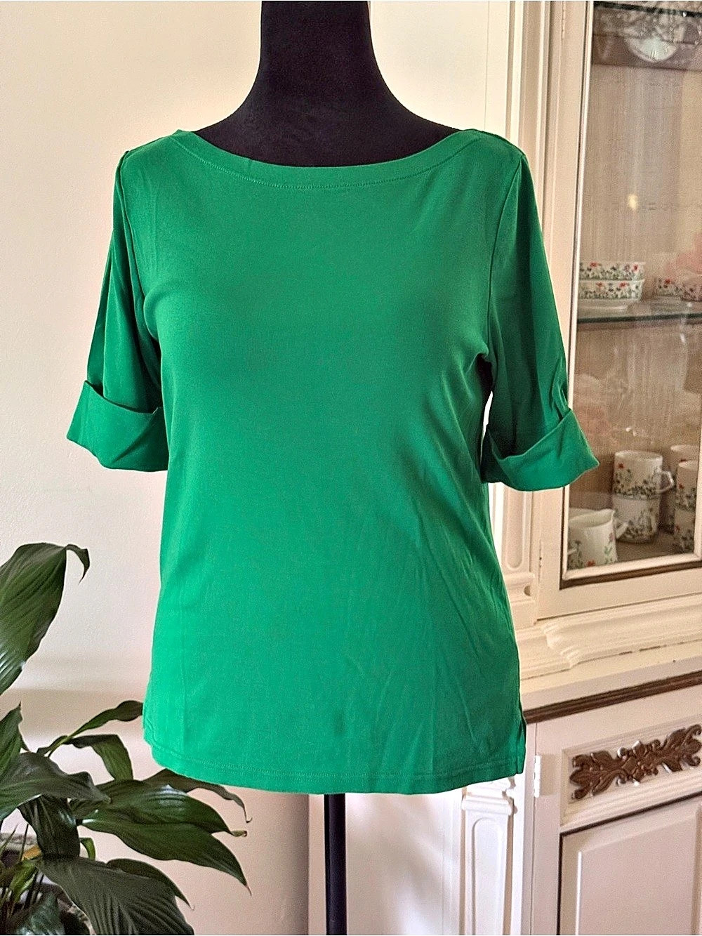 Lauren Ralph Lauren Stretch Cotton Boatneck Top Green XL